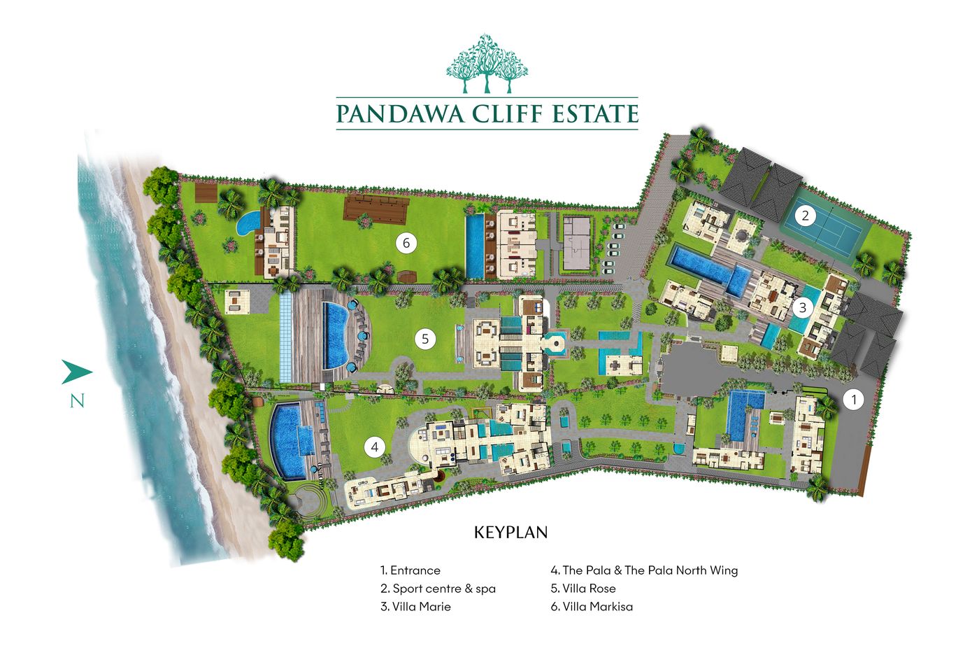 Keyplan of Pandawa Cliff Estate: the entrance, sport centre and spa, Villa Marie, The Pala and its North Wing, Villa Rose and Villa Markisa, with the beach along one side