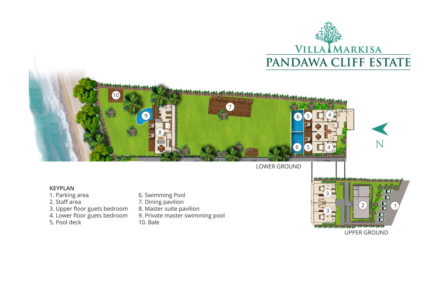Villa Markisa floor plan with the reception marked on the lawn: round tables, dance floor, food carts and fairy lights