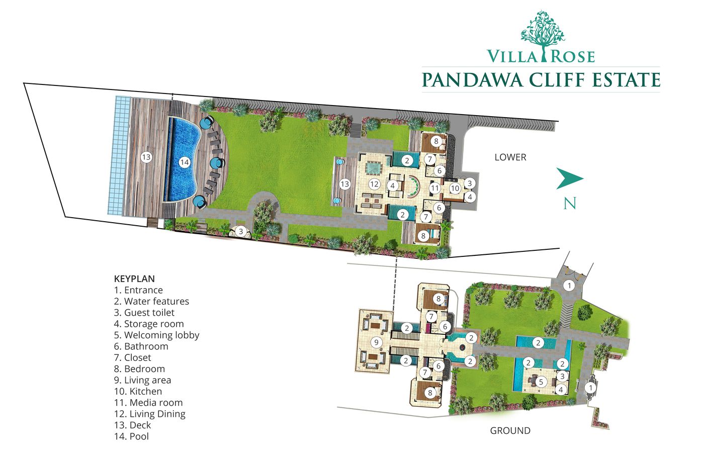 Villa Rose floor plan with cocktails marked across the pool deck and lawn